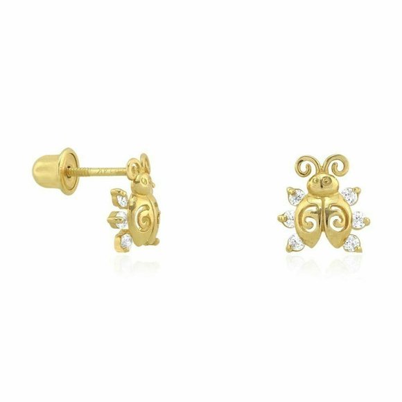 14k Solid Gold Round Cut White Zircon Ladybug Screw Back Stud Kid Earrings - Picture 2 of 7